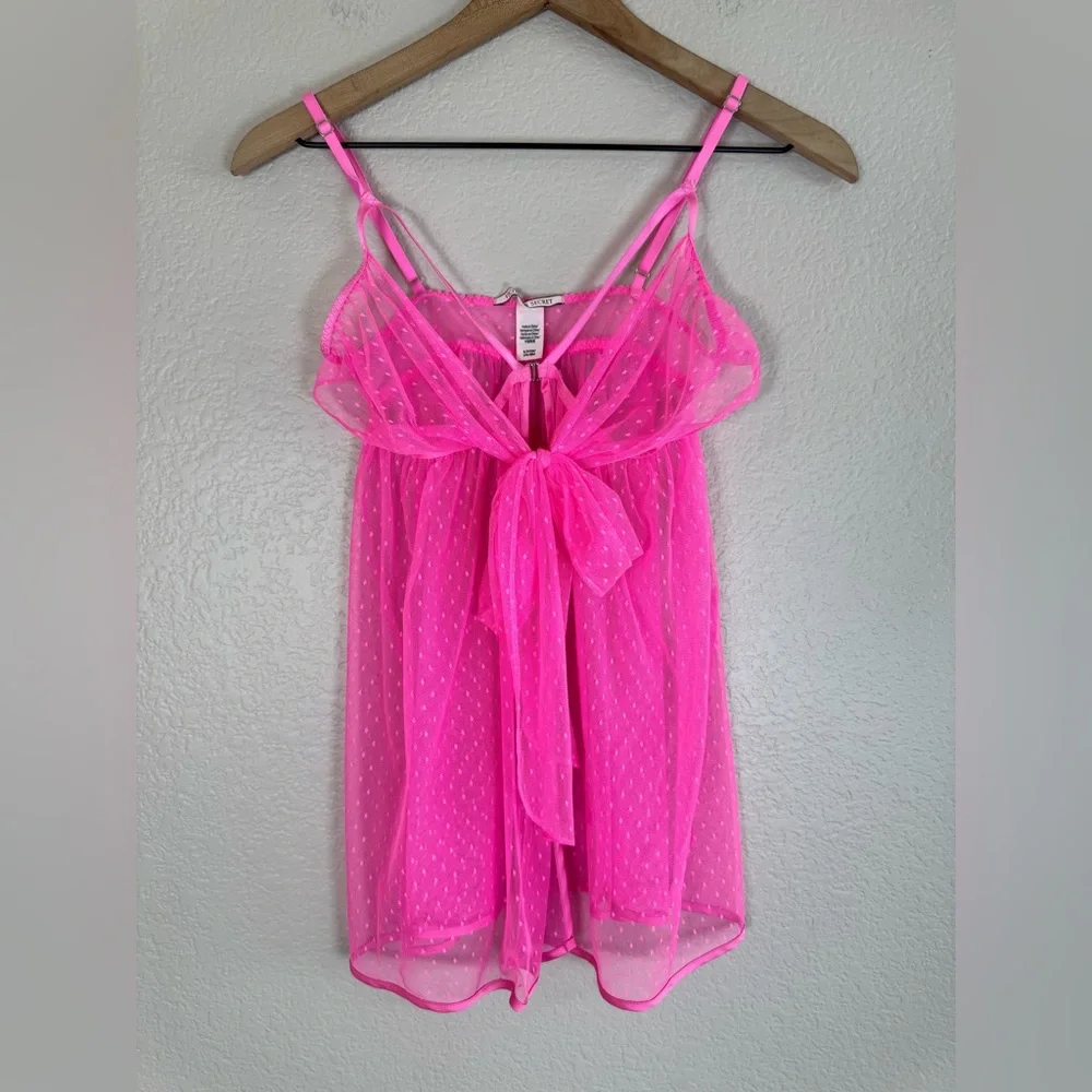 Victoria’s Secret Hot Pink Swiss Dot Sheer Mesh Babydoll Bow Tie Front $80 Small